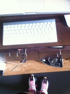 Photo of Liz in Rollerskates while standing at her standing desk