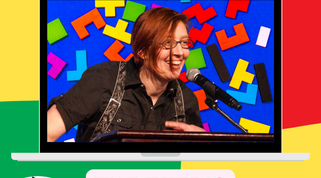 Liz Argall, The Tetris Effect. Image of Liz smilig at a microphone, there are tetris pieces behind her.