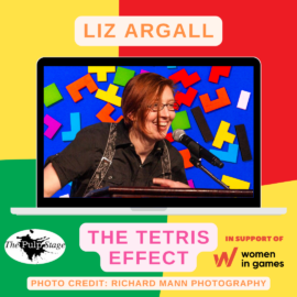 Liz Argall, The Tetris Effect. Image of Liz smilig at a microphone, there are tetris pieces behind her.