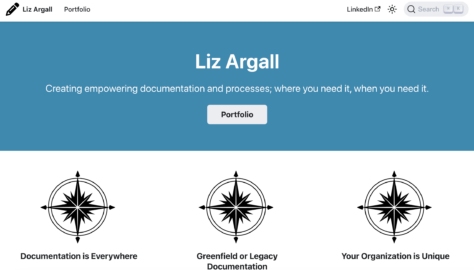 Screenshot of Liz's Technical Writing website. Creating empowering documentation and processes; where you need it, when you need it.